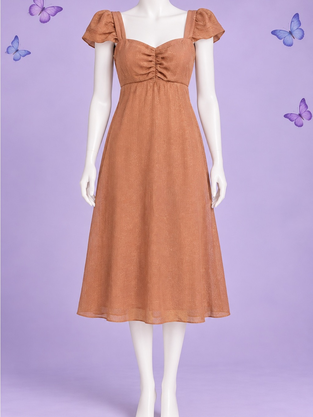 Puff-Sleeve Midi Dress in Rust Copper